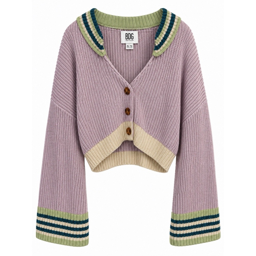 Grandmacore Y2K Cropped Cardigan Oversized Chunky Knit Striped Bell Sleeve XL